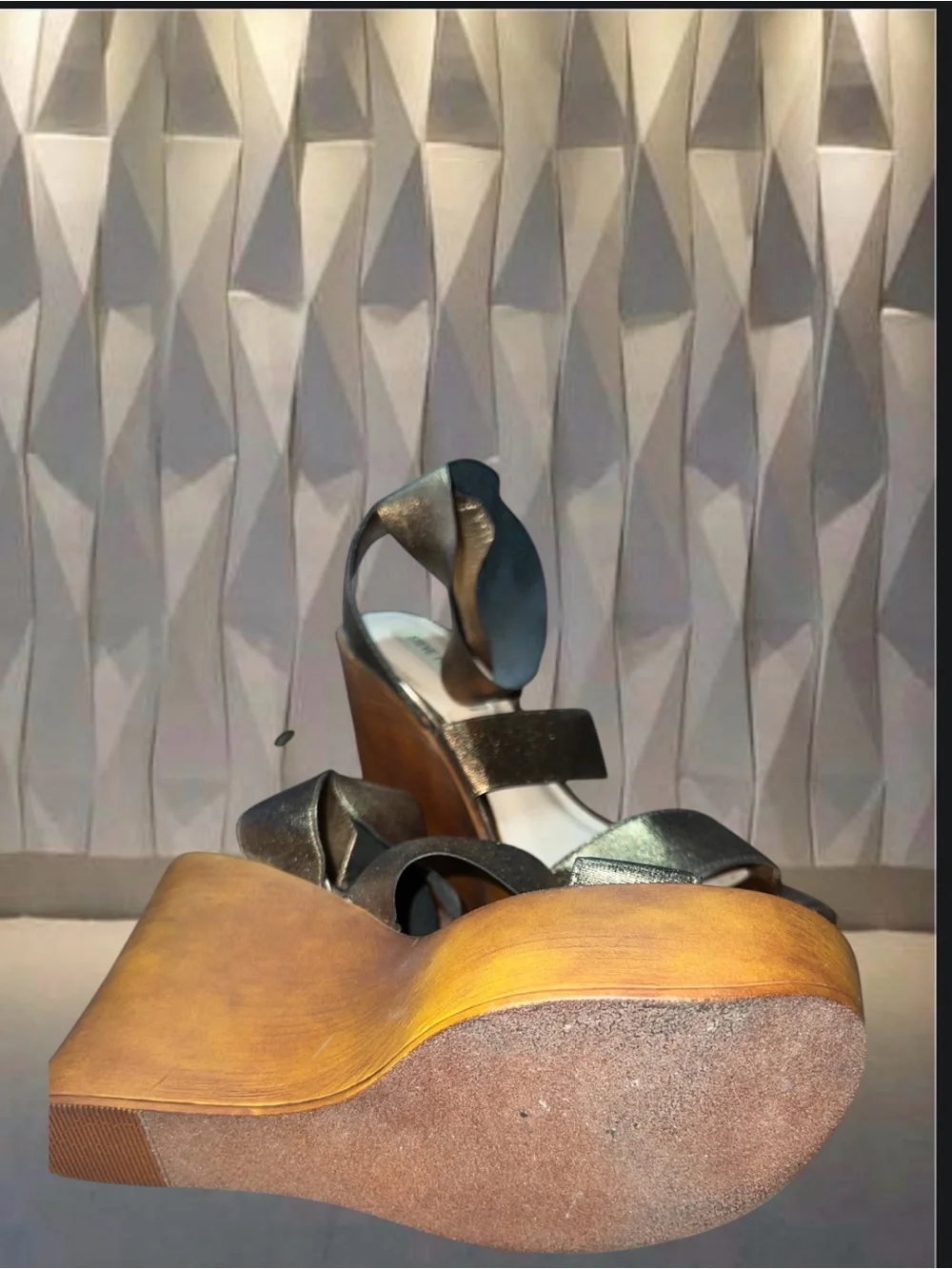 Steve Madden Metallic Gold Platform Sandals with Wood-Look Wedge
